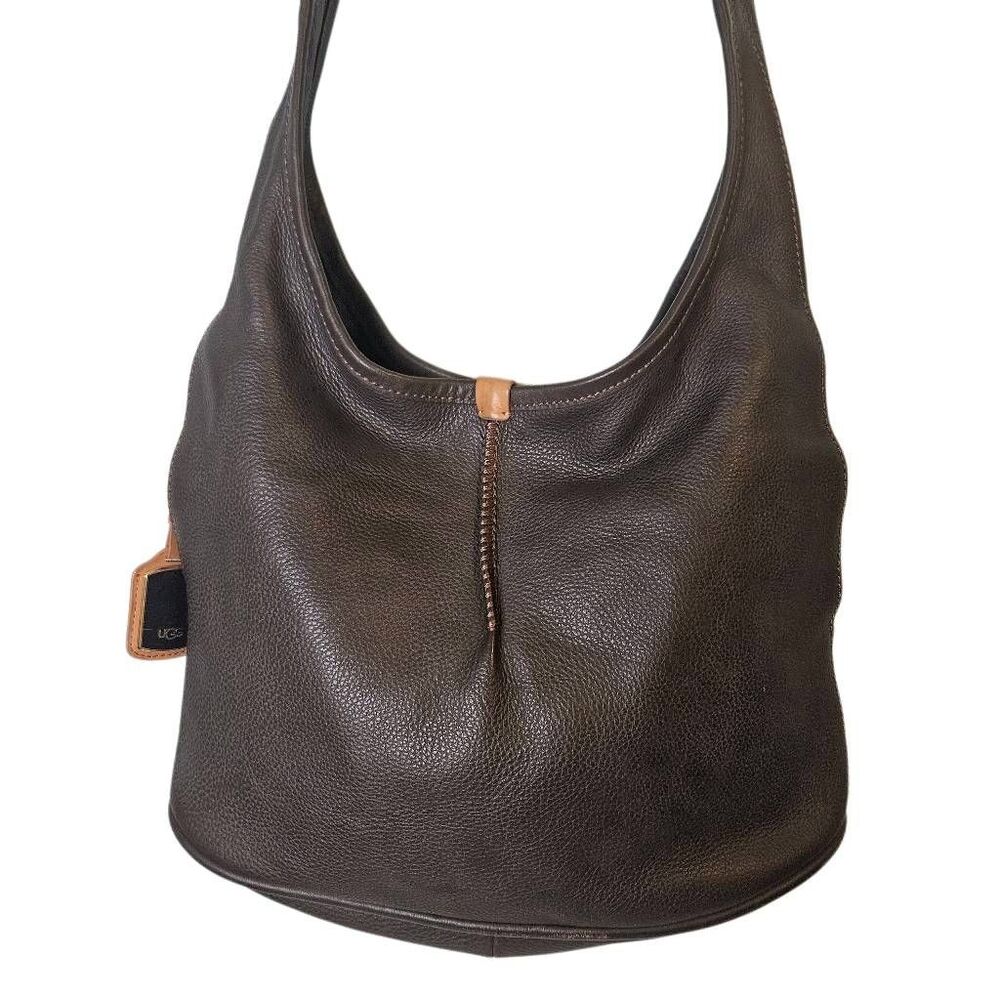 UGG crossbody hobo brown leather bag, wide straps.